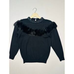 Vintage 1990’s Mariea Kim Acrylic Faux Fur and Sequin Black Sweater Size Medium